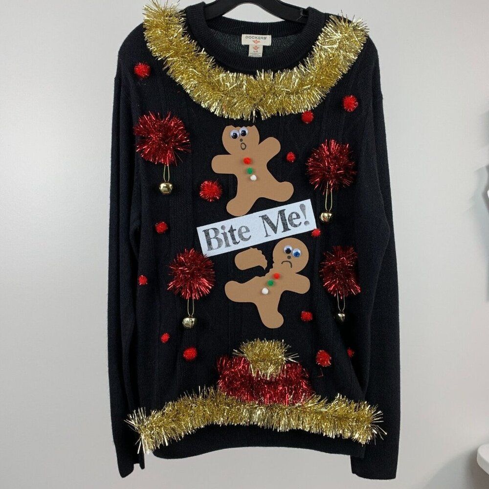 Ugly Christmas Sweater Men's sz L Gingerbread "Bite Me" Funny Naughty Winner